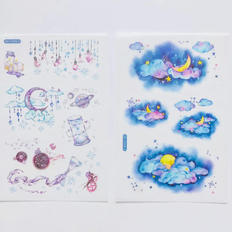 Abu Sticker set with fantasy stars design on Japanese paper, showing 10.5 by 14.1 cm size.