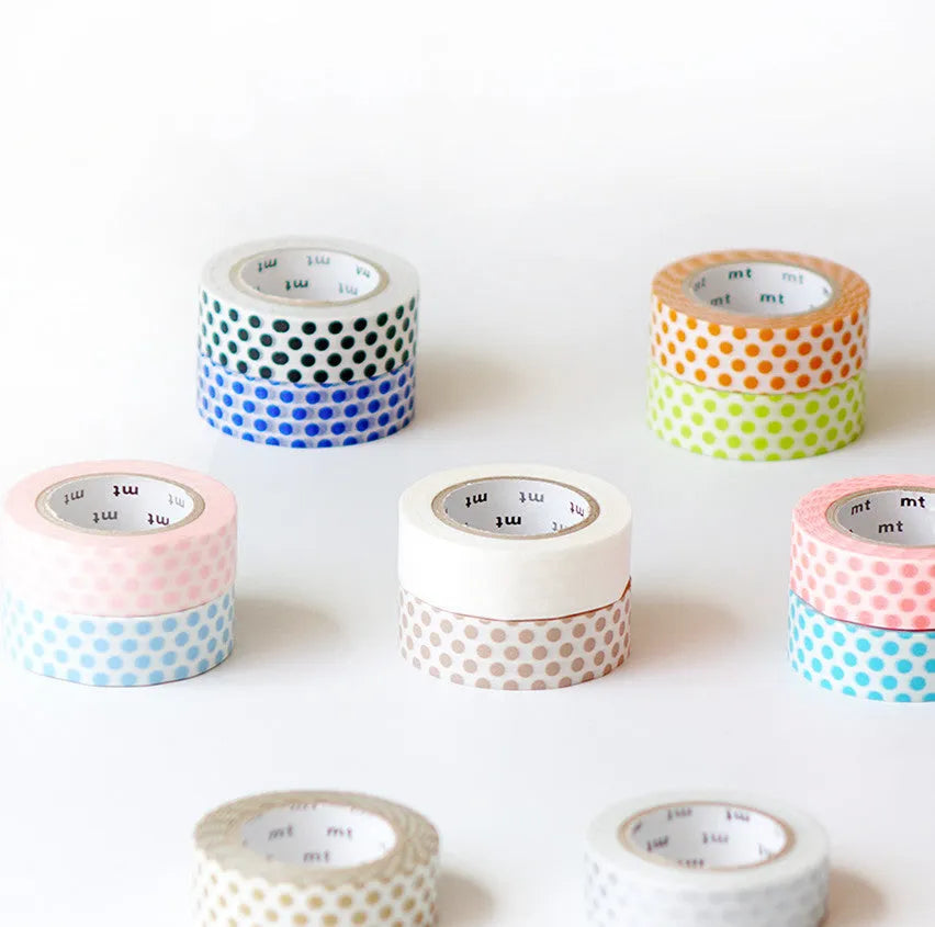 Dots and paper tape with Japanese paper substrate for DIY hand account stickers, shown in Silver, Light Blue, White and Coffee.