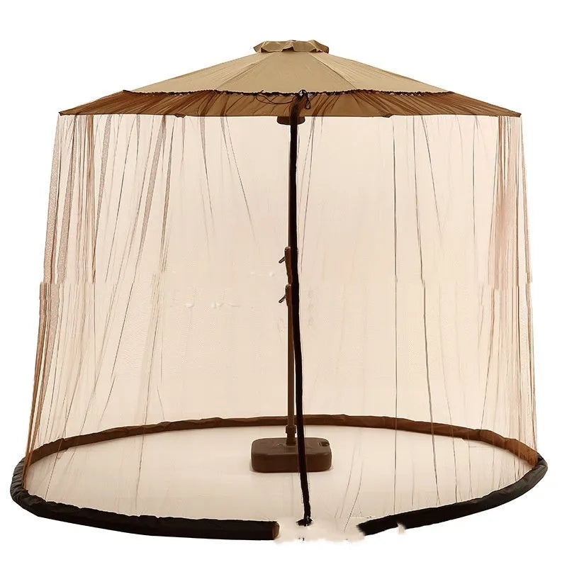 Outdoor soft fabric umbrella tent with mosquito netting in a garden setting, shown in beige colour.