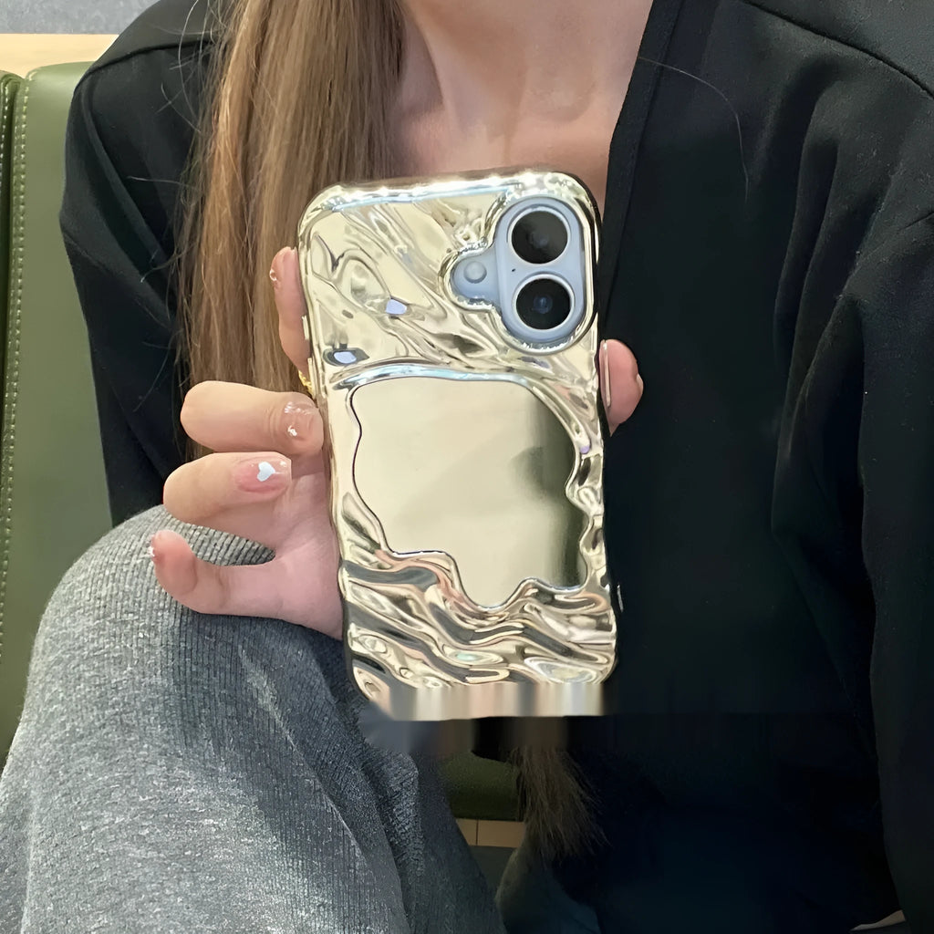 Simple water ripple texture phone case with a mirror, shown in beige, for iPhone protection.