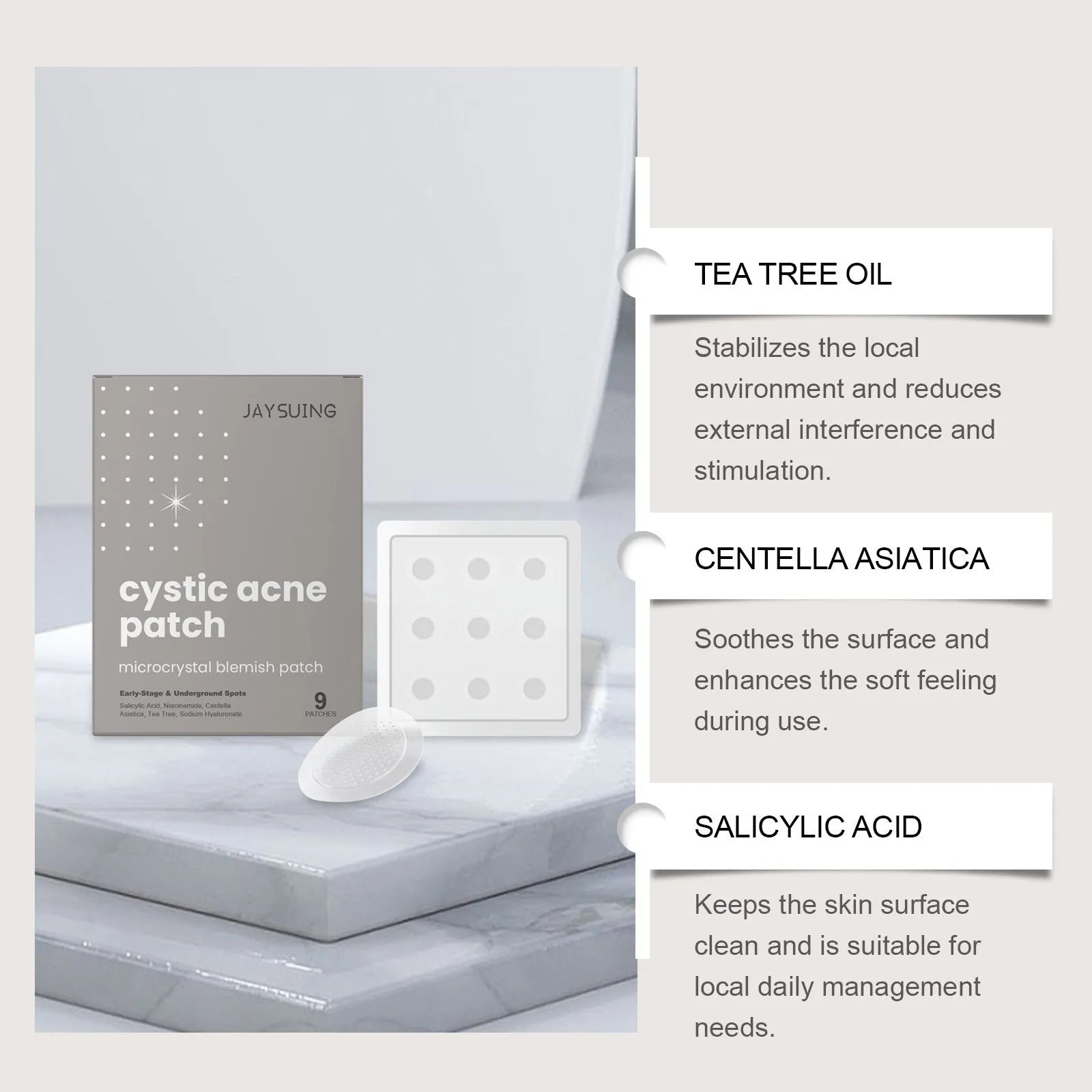 Pack of 9 acne treatment microneedle patches containing tea tree oil and Centella asiatica