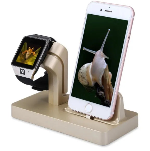White 2-in-1 charging dock station for iPhone and Apple Watch on a desk