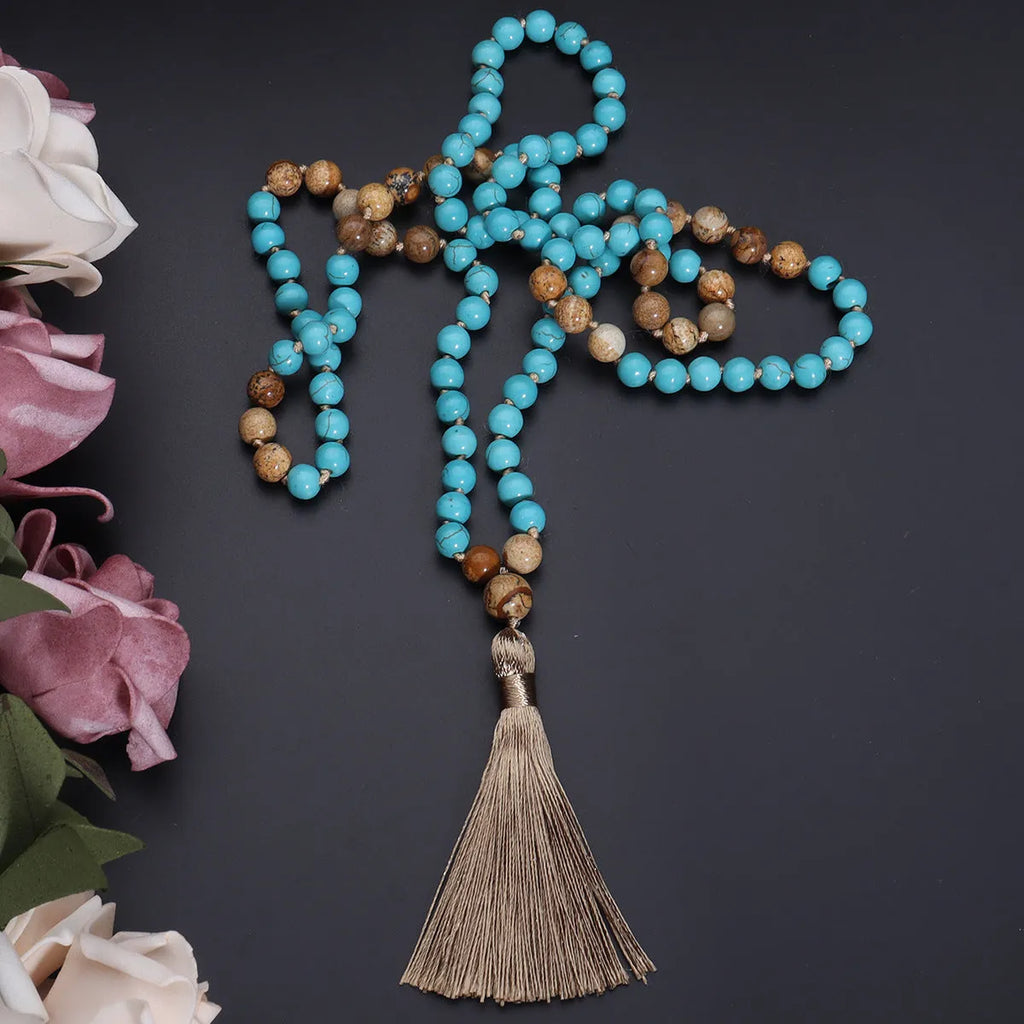 Handmade blue turquoise stone mala necklace with ball beads on 81cm chain