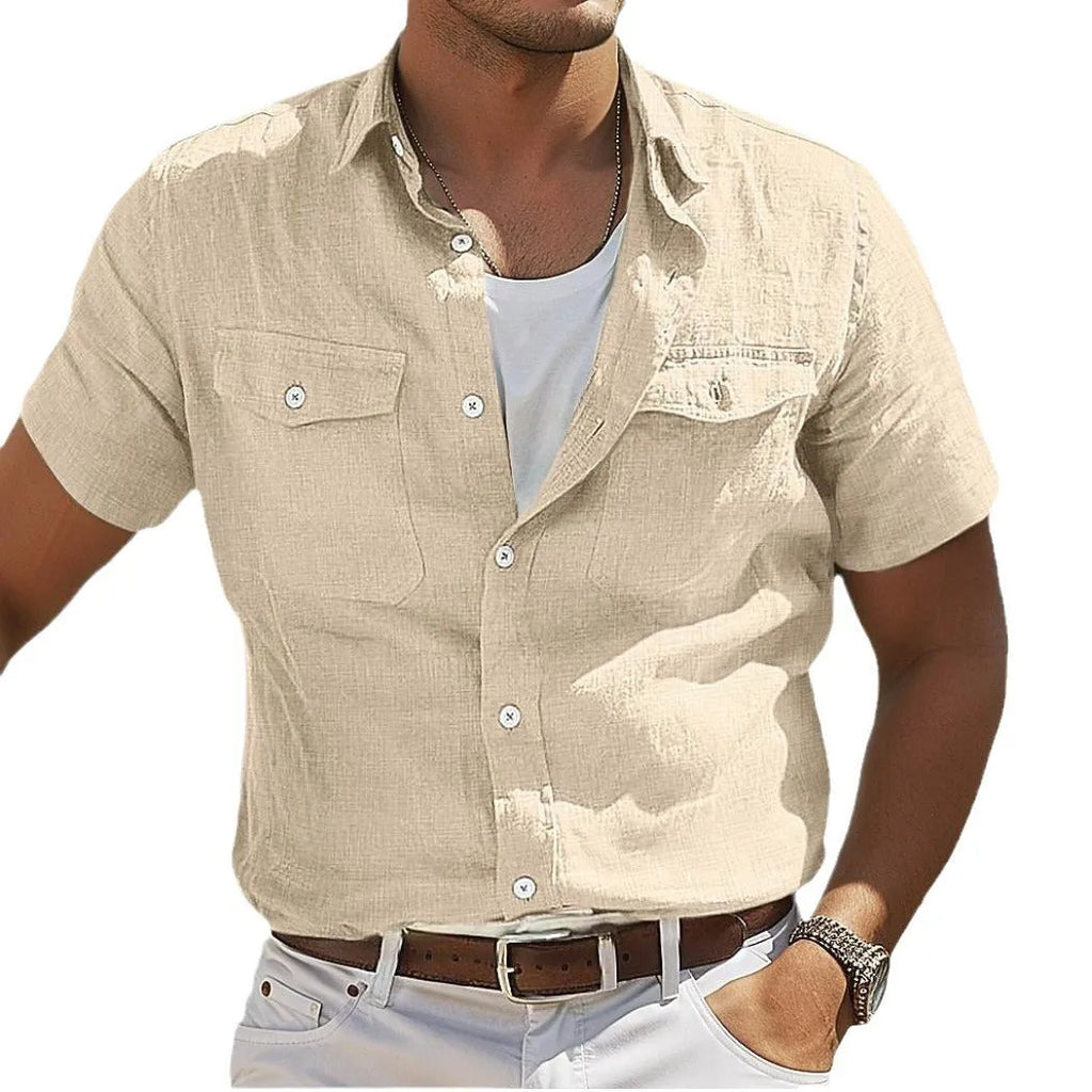Men's linen summer shirt with polo collar in grey, green, or sky blue, showing loose cardigan style and long sleeves