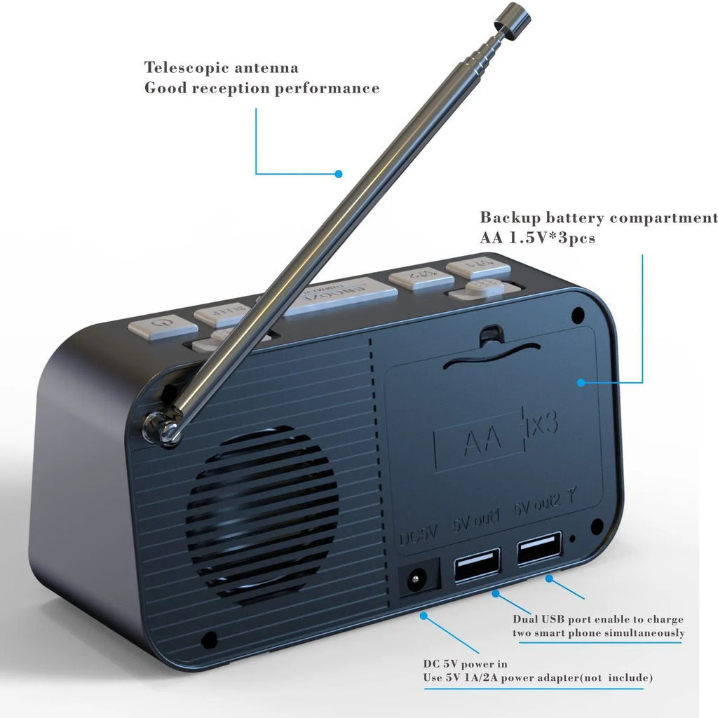 Black DAB bedside alarm clock with upgrade antenna, large LED display and USB charging ports