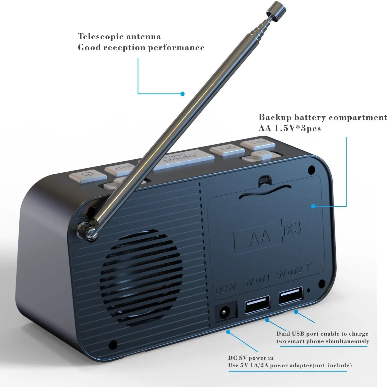 Black DAB bedside alarm clock with upgrade antenna, large LED display and USB charging ports