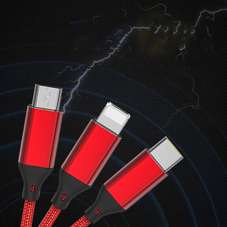 Red 3-in-1 charging cable with USB-C, Lightning, and Micro-USB tips on a 1.2m nylon braid.