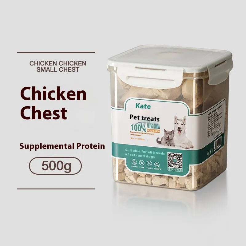 500g chicken freeze-dried cat treats in bagged and barrel packaging formats