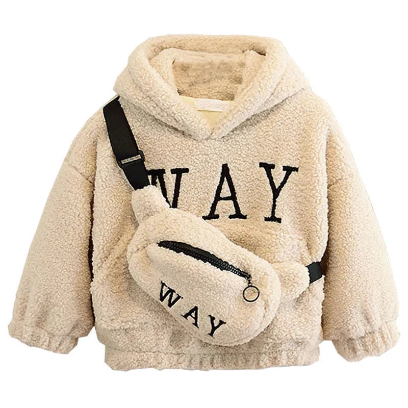 Child wearing a beige fleece hooded jacket with a cartoon print and long sleeves.