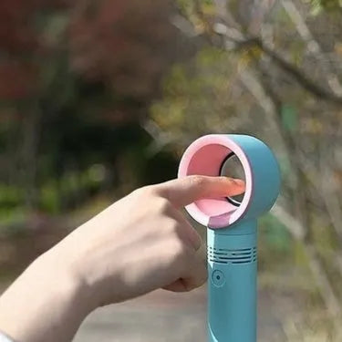 Portable bladeless fan in choice of colours with USB cable and base, showing no visible blades.