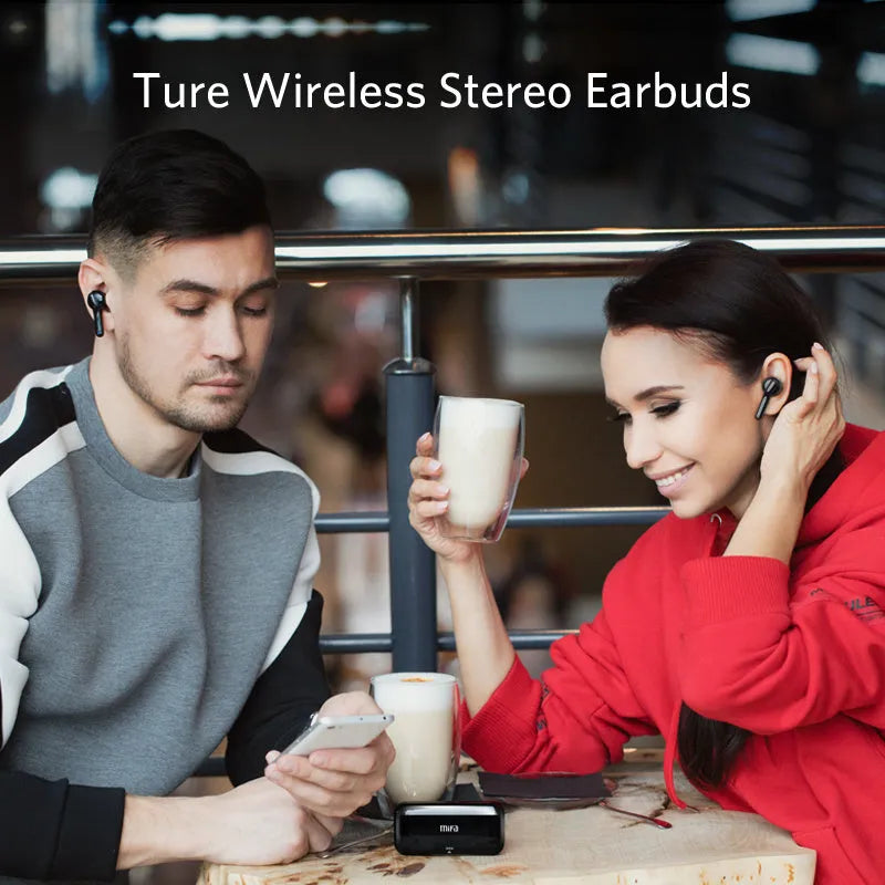 Black TWS wireless earbuds with charging case showing Bluetooth 5.0 and IPX5 waterproof features