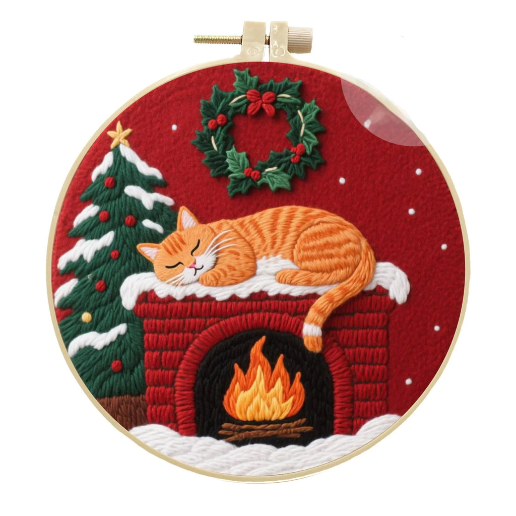 DIY embroidery kit showing autumn fruit pattern on fabric in bamboo-effect hoop with embroidery scissors