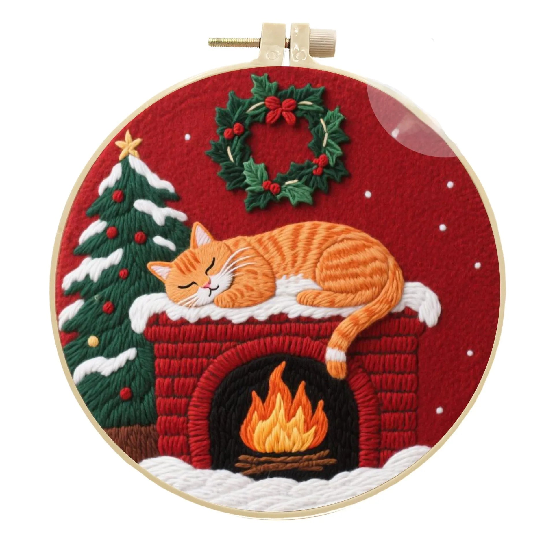 DIY embroidery kit showing autumn fruit pattern on fabric in bamboo-effect hoop with embroidery scissors