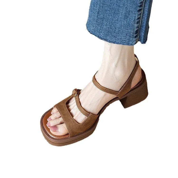 Women's beige retro platform sandals with open square toe, 6cm heel, and adjustable ankle strap.