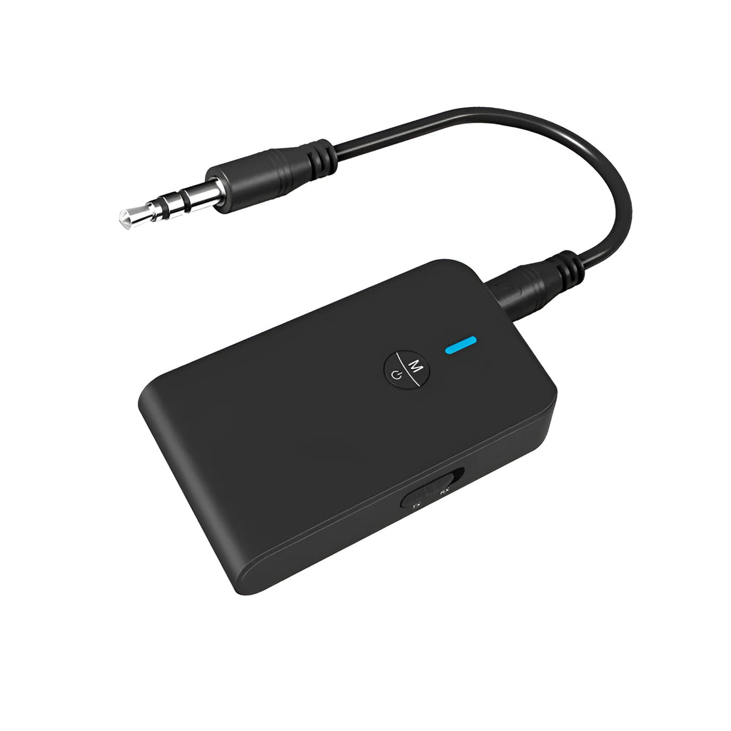 Black Bluetooth audio adapter with 3.5mm AUX connector and external power supply