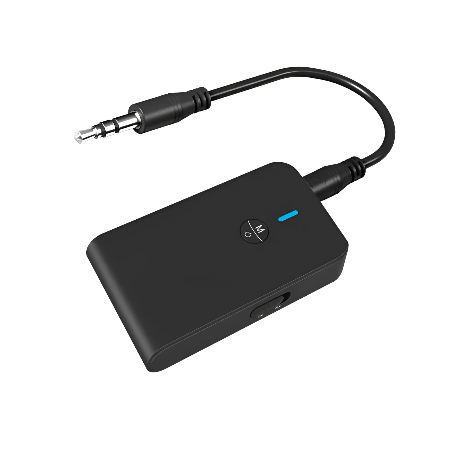 Black Bluetooth audio adapter with 3.5mm AUX connector and external power supply