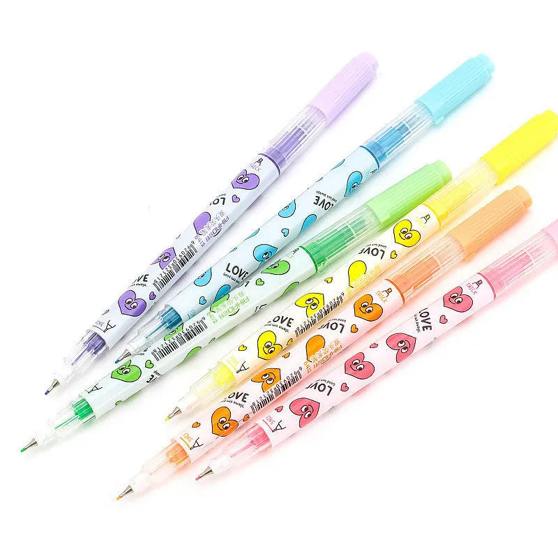 Set of six double-headed highlighter pens in pink, orange, yellow, green, blue, and purple colours.