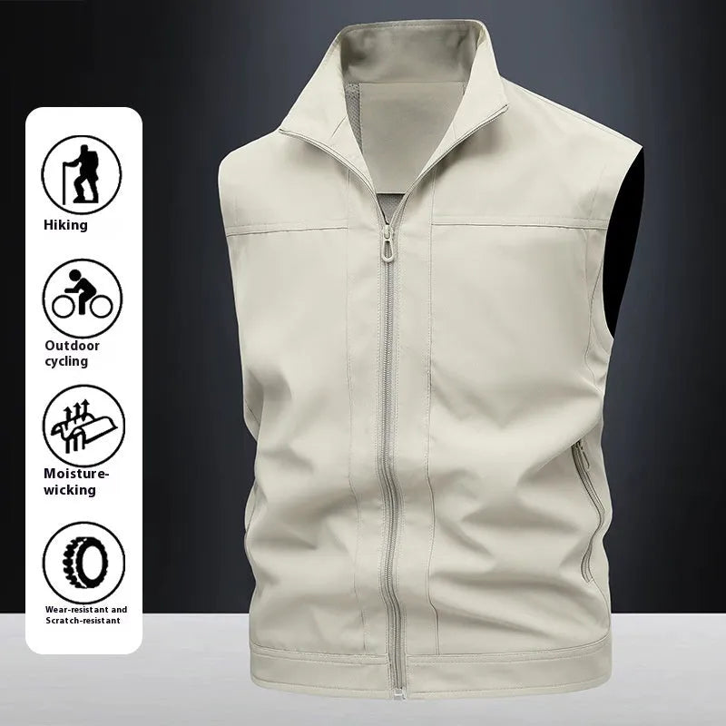 Men's loose-fit stand-up collar workwear shirt in khaki colour showing quick-drying fabric texture