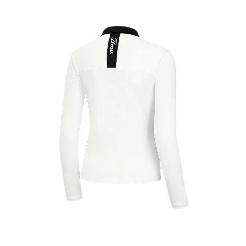 Women's white slim-fit long sleeve polyester sports top for golf and outdoor activities.