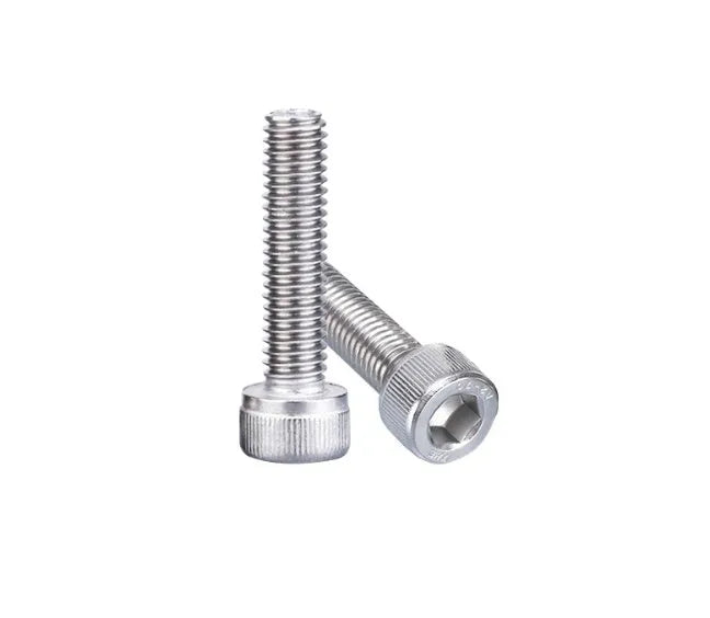 Stainless steel phono cartridge mounting kit with allen bolts, nuts, washers, and two allen keys on a white background.