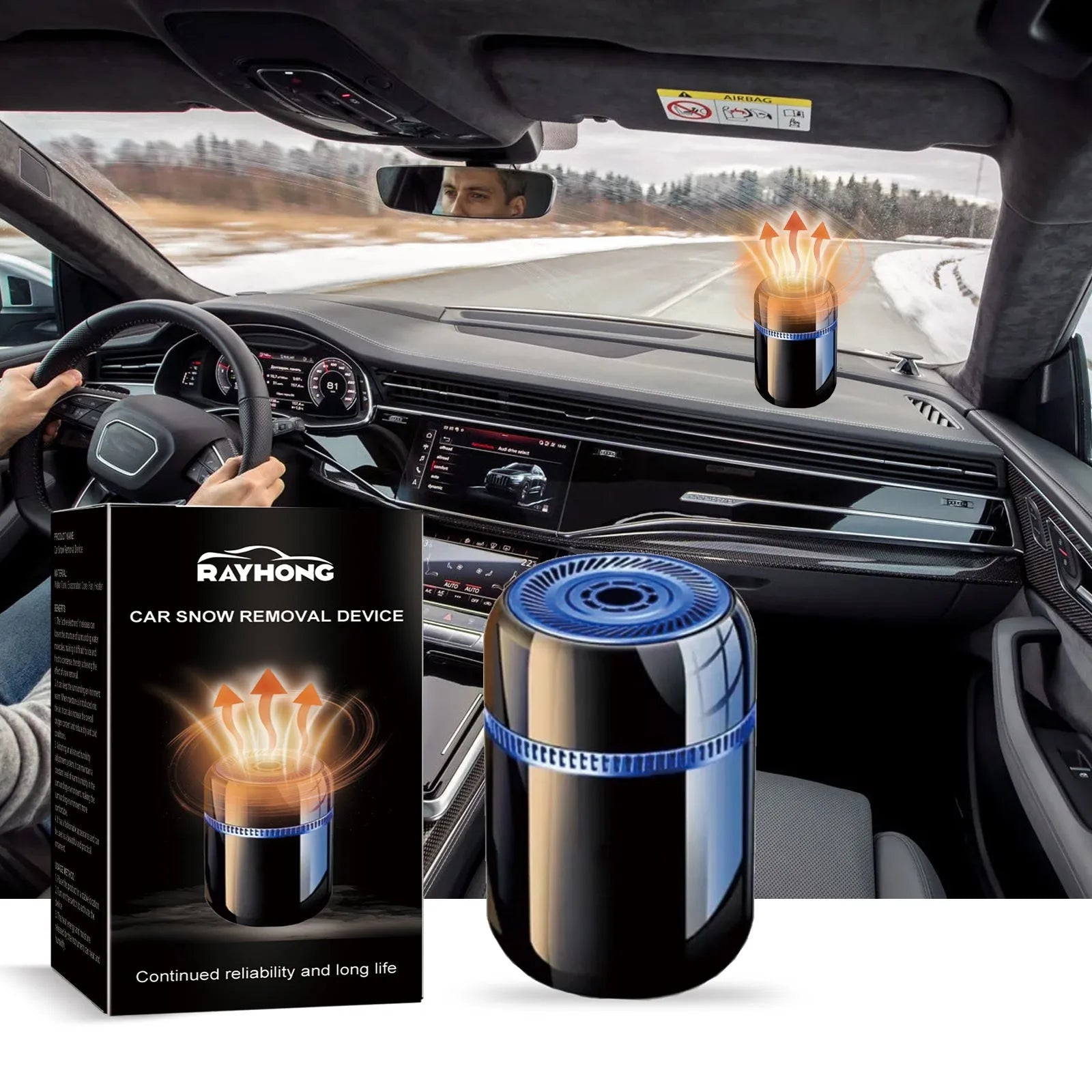 Compact car windscreen de-icing defroster tool measuring 5.6 by 6.8 centimetres.
