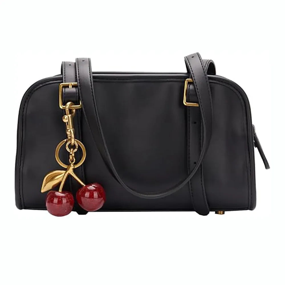 Red zinc alloy cherry pendant key ring with three-dimensional design for women's bags