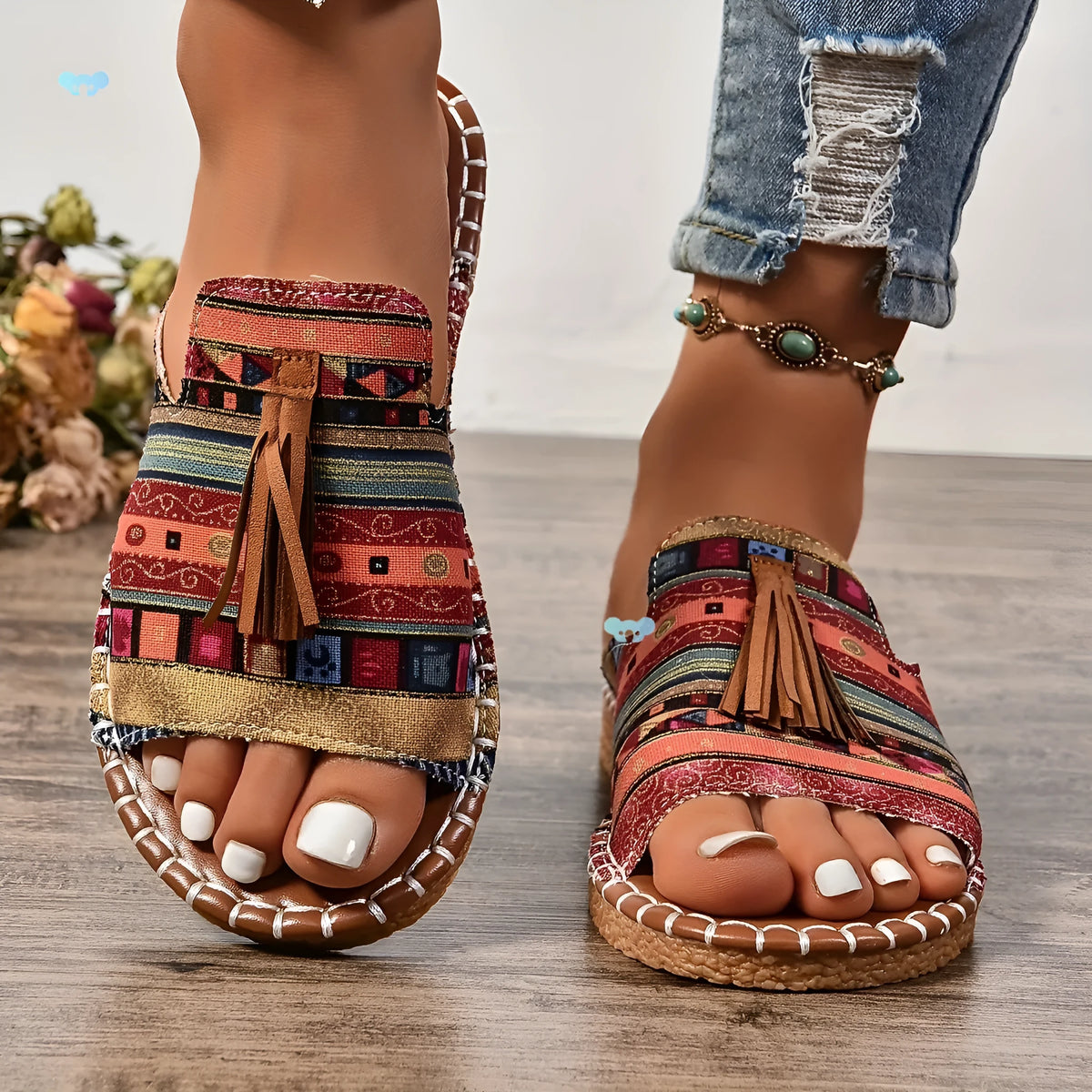 Women's tassel flat sandals in first layer cowhide with fish mouth toe, Roman style, shown in wine red