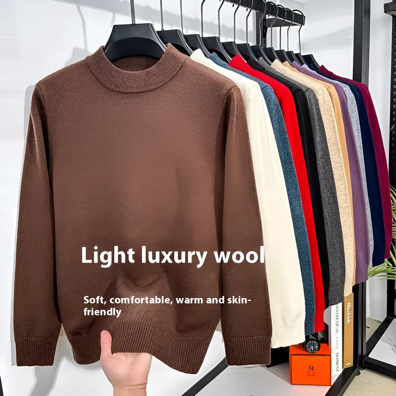 Men's solid colour half turtleneck knitwear pullover with long sleeves in fine wool yarn, available in multiple sizes.