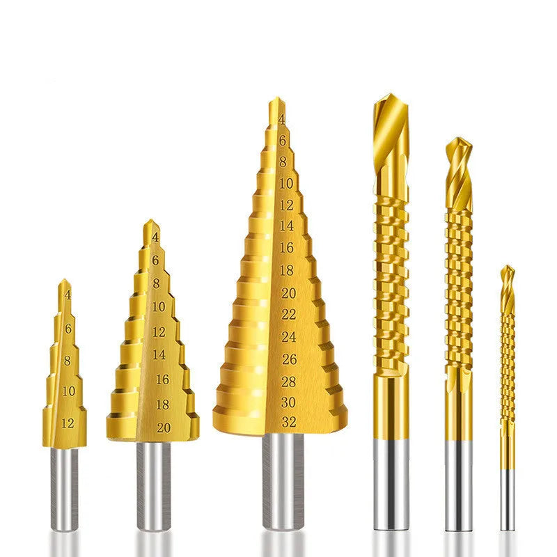 High-speed steel cone drill bit punch set showing step drills and centre punch for metal and wood drilling