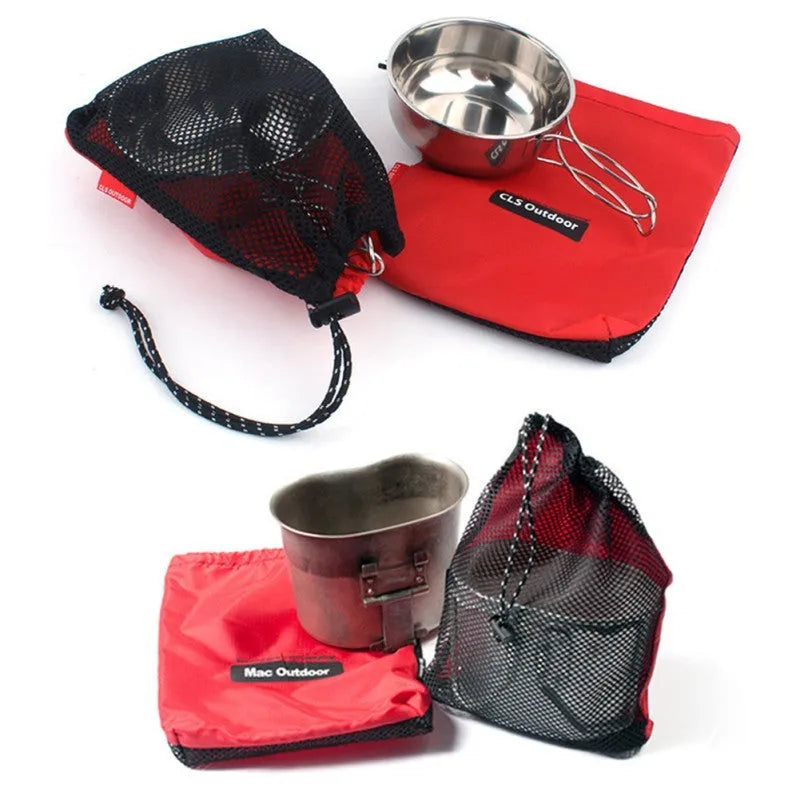 Red outdoor travel storage bag set with five organisers showing zipper closures and multiple internal pockets