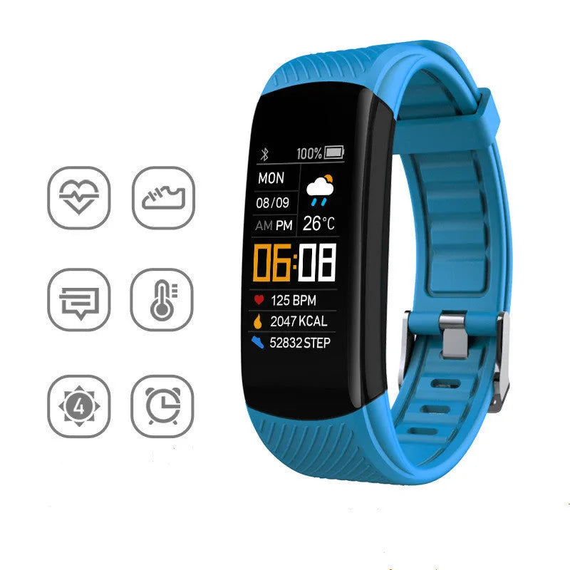 Black TPU pedometer bracelet with 0.96-inch touchscreen displaying step count on wrist