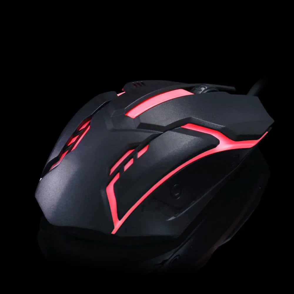 Wired computer mouse with luminous finish and USB cable, showing black and white colour options