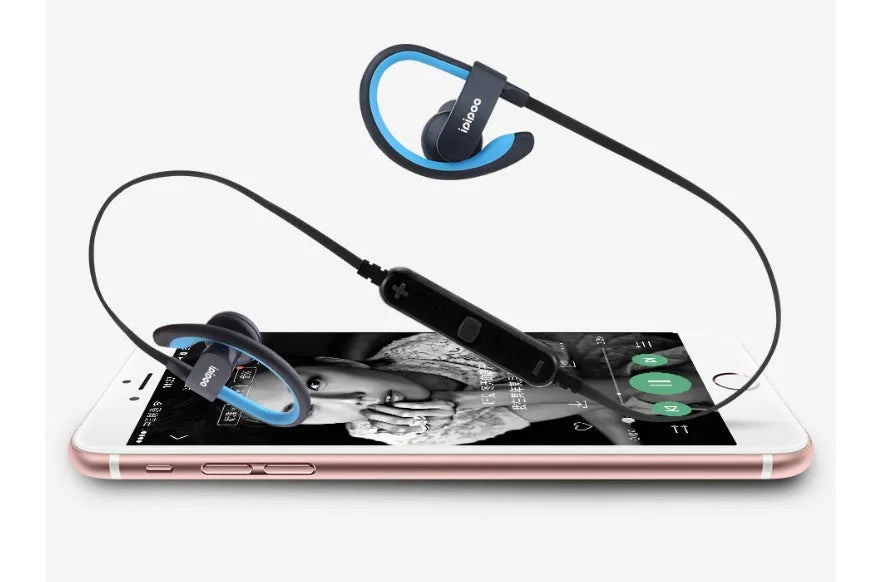 Blue wireless sports headphones with earplug design for running.