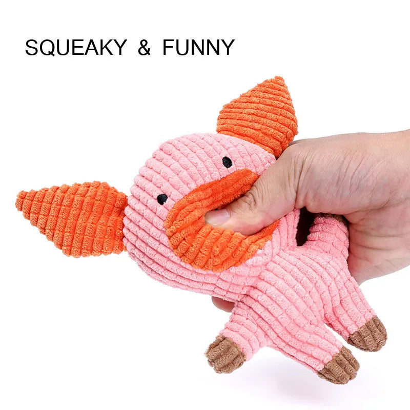 Animal-shaped plush dog chew toy with squeaker in multiple colour options