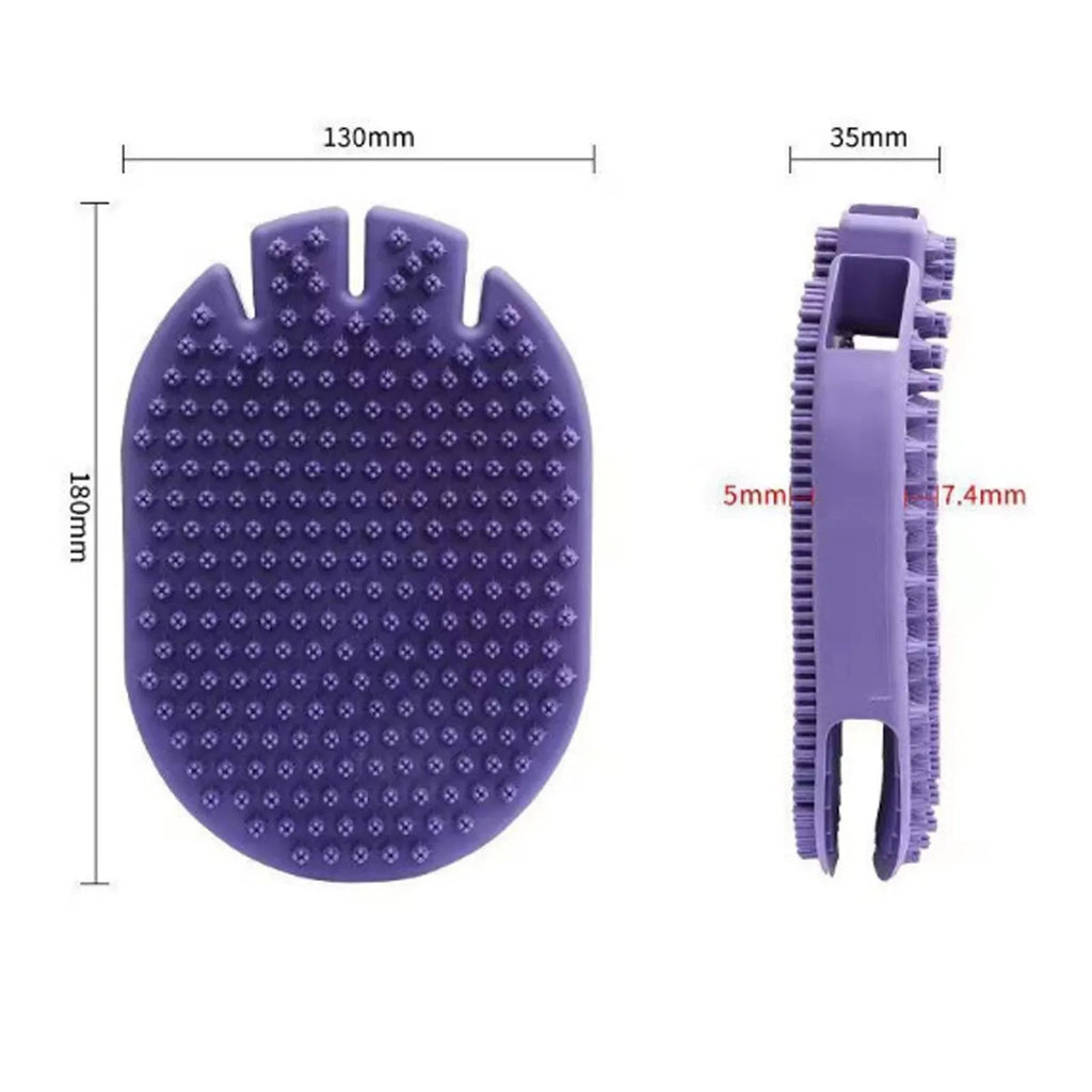 Purple pet shampoo massage brush with soft TPR bristles and ergonomic handle for dog and cat grooming