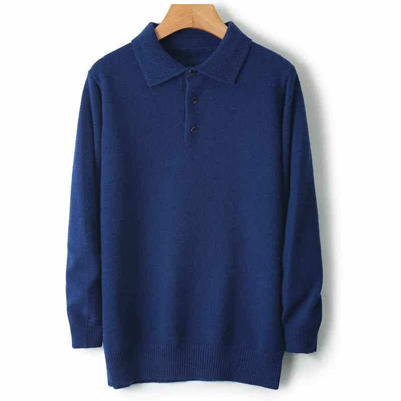 Men's wool sweater with polo collar and long sleeves in collage stitching design, available in seven colours including noble blue