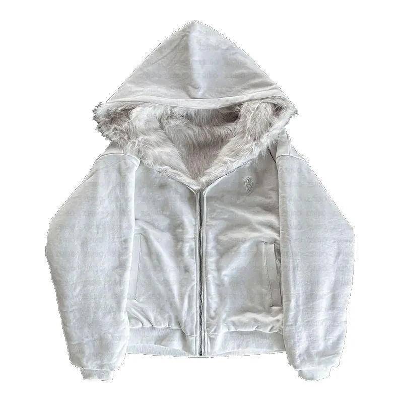 A white casual baggy coat with long sleeves and a cardigan style on a hanger.