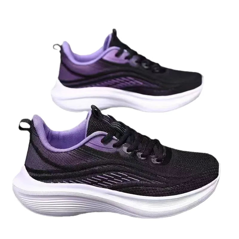 Lightweight mesh running shoes with PVC non-slip sole, flat heel, round toe, and front lace-up, in white green, light pink, or purple.