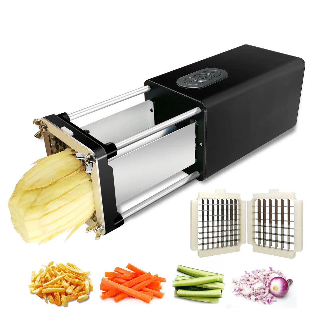 Black electric French fry cutter with stainless steel blades on a kitchen countertop.