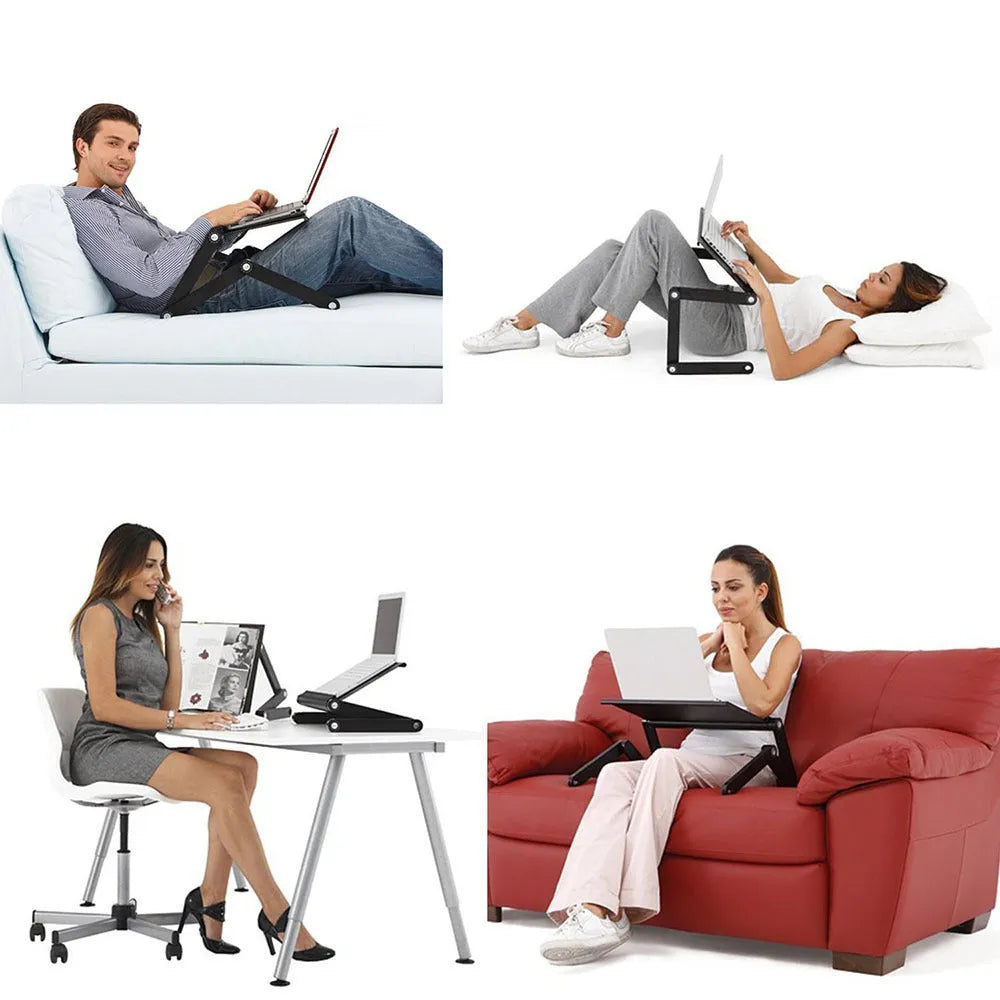 Adjustable folding laptop table stand in black with mouse panel, 42 x 26 cm surface, and built-in USB fan