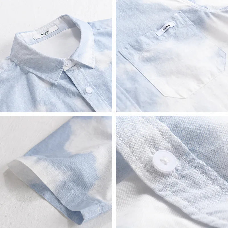 Man wearing a light pink loose-fit pure cotton short sleeve casual shirt for summer.