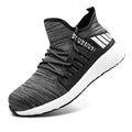 Grey low-top anti-smash and anti-stab safety shoes with woven upper and anti-slip EVA sole, sizes 35-48
