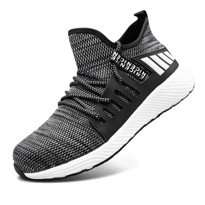 Grey low-top anti-smash and anti-stab safety shoes with woven upper and anti-slip EVA sole, sizes 35-48