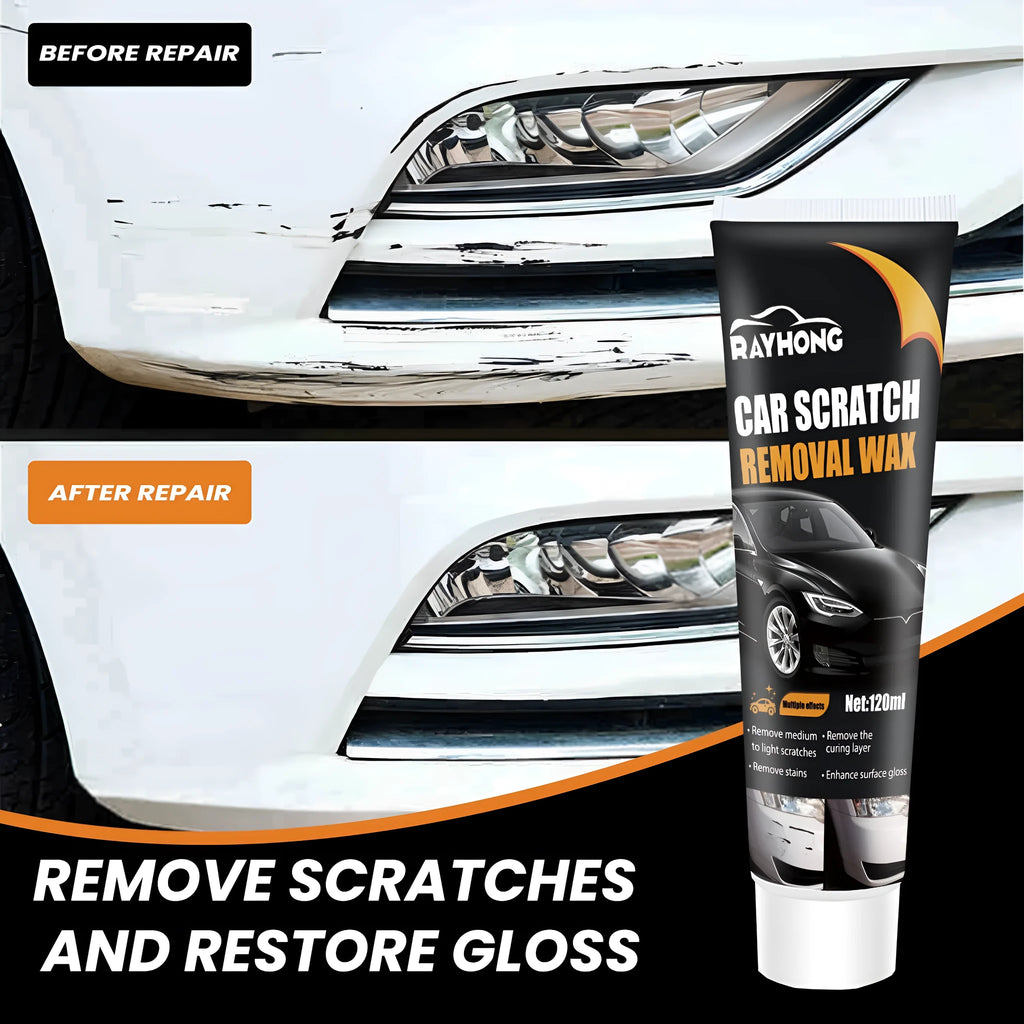 Car paint scratch repair wax kit showing 120ml tube, application sponge, and buffing towel on a clean surface.