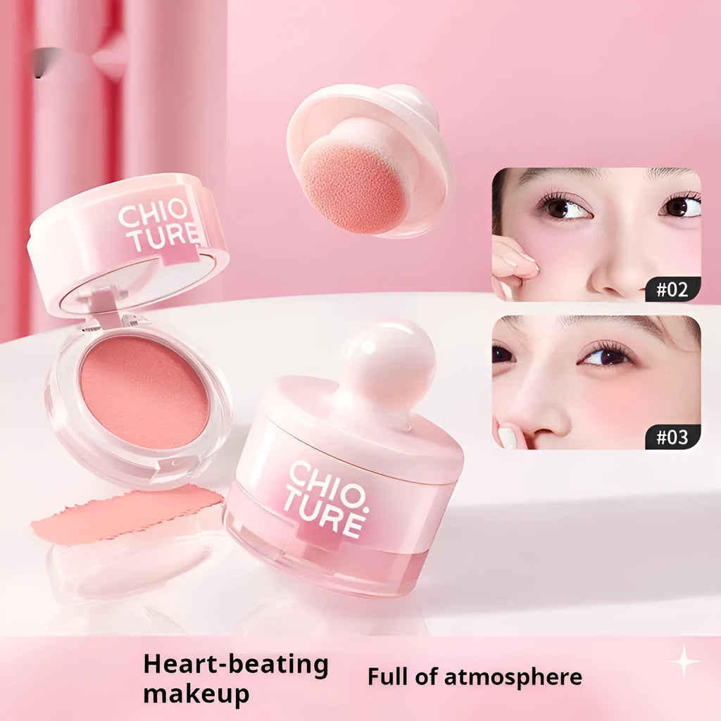 Compact of shimmer powder blush mud in nude shades including Oxygenated White Peach.