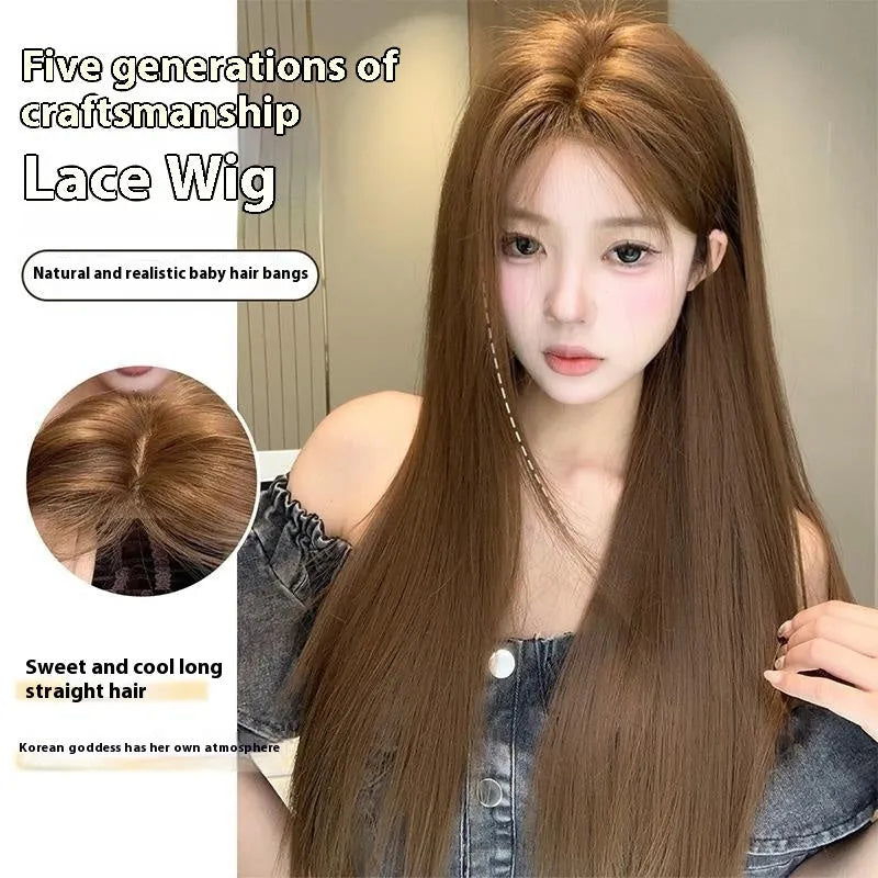 Warm brown lace front wig with centre part, side bangs and long straight synthetic hair
