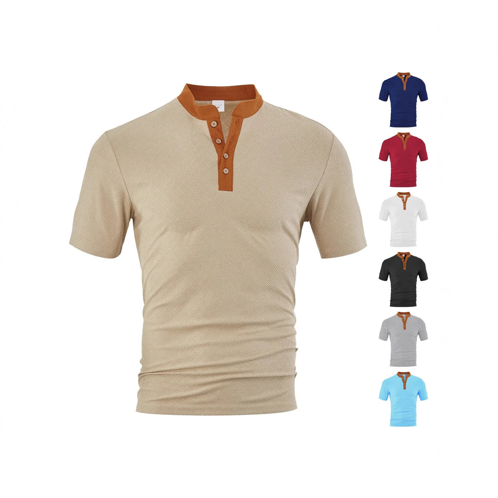 Men's loose short sleeve button-up shirt in polyester, available in six colours and sizes S to XXXL