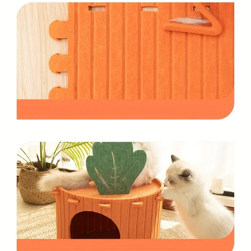 Orange carrot-shaped felt cat nest tunnel with a semi-enclosed opening, shown next to a measuring tape indicating 40cm length.