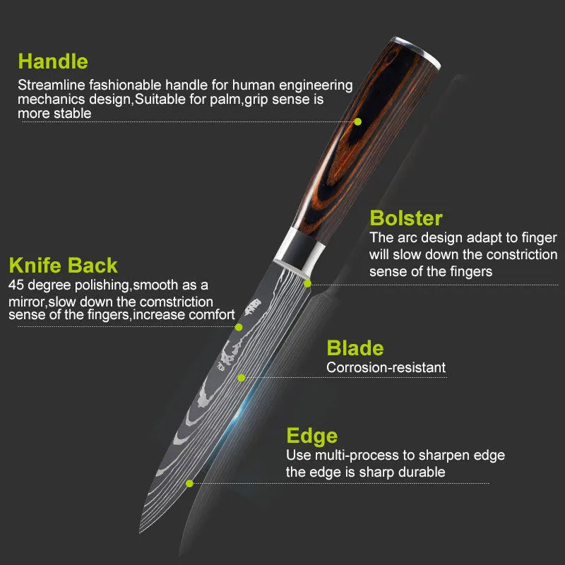 Professional kitchen knife with laser Damascus pattern on 7CR17 stainless steel blade, colour steel handle