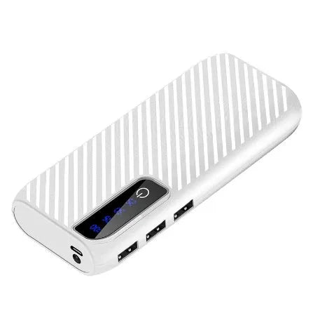 20000mAh portable mini power bank measuring 142x64x23mm with dual USB outputs for charging two devices simultaneously